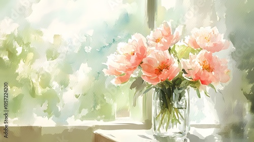Watercolor Artistic using soft, brushy watercolor strokes, Soft Color, Single object picture - a glass vase filled with light pink flowers resting on a side table