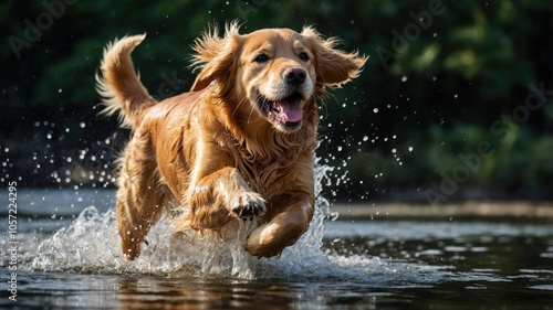 A golden retriever joyfully splashes through water, embodying playfulness and energy.