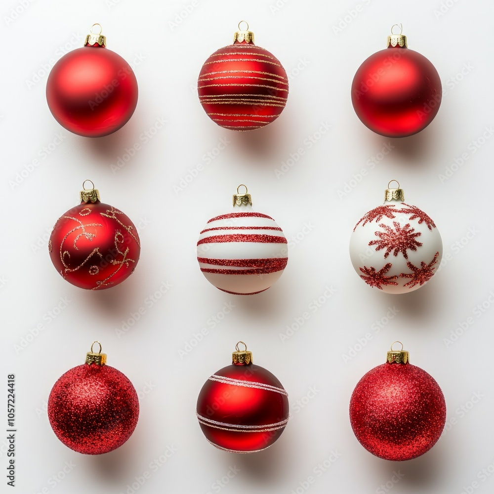 top down shot of christmas ornaments on blank white background top down shot of christmas ornaments on blank white background