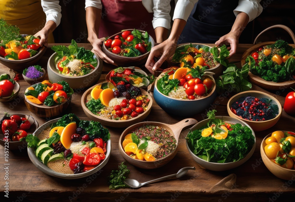 Obraz premium colorful plant based dishes showcasing fresh fruits healthy dietary choices, appetizing, artistic, plates, vegetables, nutrition, meals, ingredients, salads