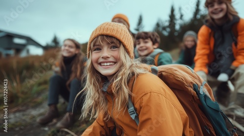 A smiling young girl with a beanie and backpack leads a group of friends outdoors on a hiking adventure, enjoying the fresh air and natural surroundings.