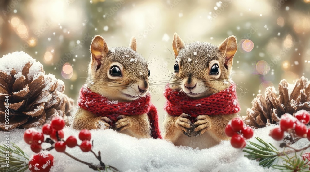 Obraz premium Two adorable baby squirrels in scarves, surrounded by snow, pine cones, red berries, and Christmas decorations