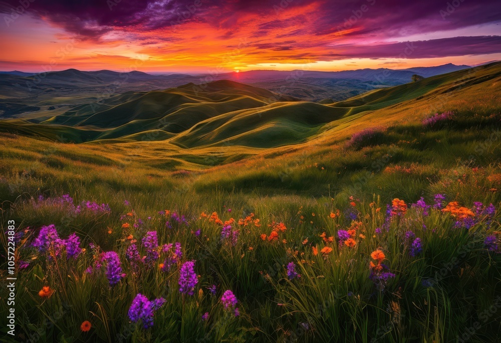 Obraz premium breathtaking vibrant sunset casting rich hues across expanse rolling hills landscape majestic views, colors, sky, clouds, scenery, nature, horizon, evening