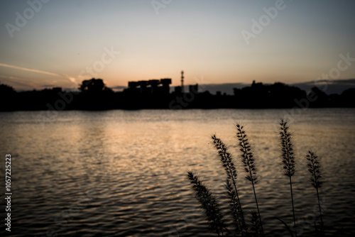 Obraz na płótnie 川沿いの夕景 埼玉県川口市(対岸は東京都北区赤羽) w salonie