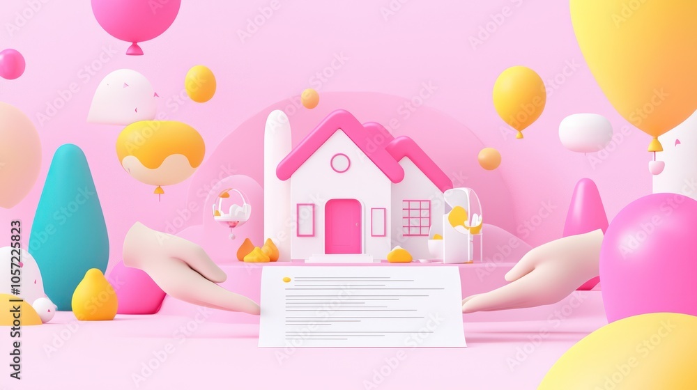 Hands presenting a house model to clients in a vibrant playful environment Hands presenting a house model to clients in a vibrant playful environment