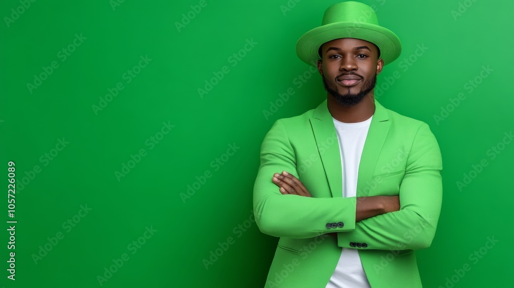 Smiling Man in Green Suit and Hat on Green Background St Patrick s Day Celebration Smiling Man in Green Suit and Hat on Green Background St Patrick s Day Celebration