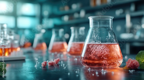 A glass filled with a fizzy pink liquid stands out in a laboratory setting, with scattered elements like candies and leaves adding to the intriguing composition. photo