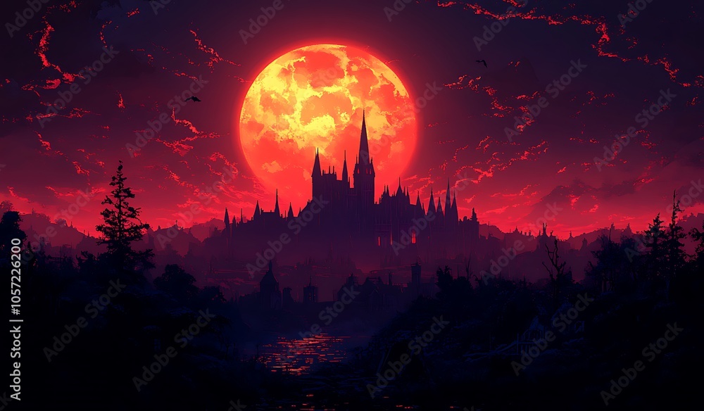 Castle on a Hill with a Red Moon in the Background Castle on a Hill with a Red Moon in the Background