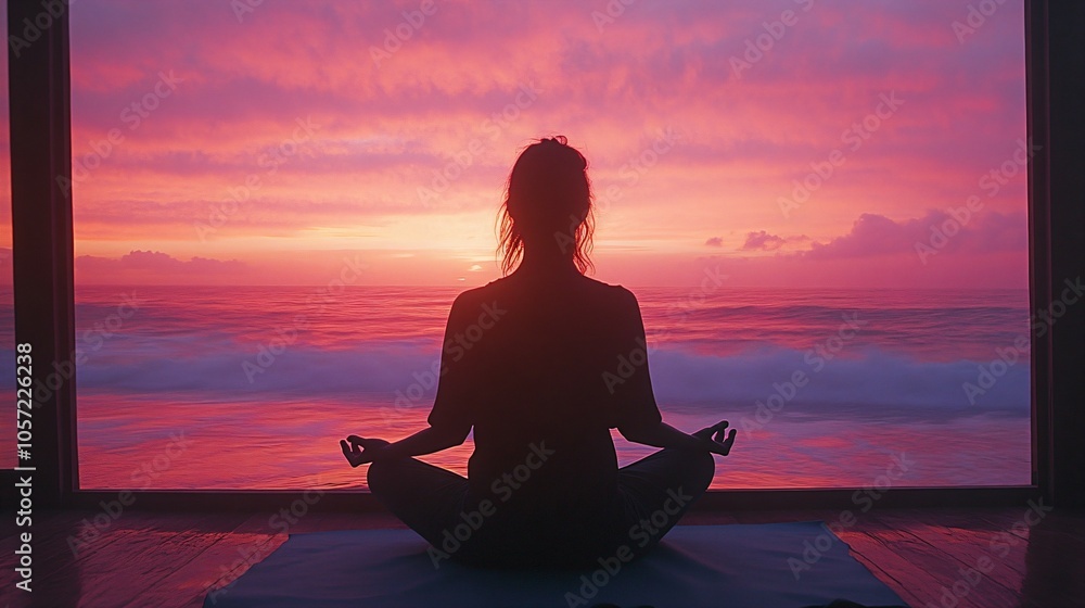 A serene yoga scene at sunrise on a beach, with a woman practicing meditation facing the calm ocean waves, captured in silhouette against the pink-orange sky A serene yoga scene at sunrise on a beach, with a woman practicing meditation facing the calm ocean waves, captured in silhouette against the pink-orange sky