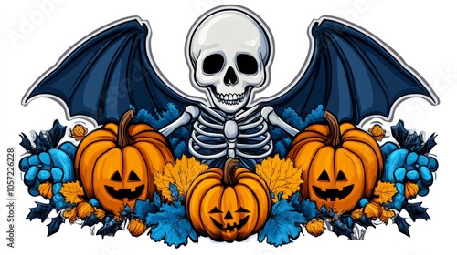 Halloween Skeleton with Pumpkins and Bat Wings Illustration photo