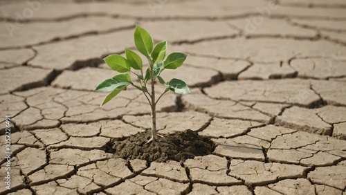 Small sapling growing in cracked dry soil