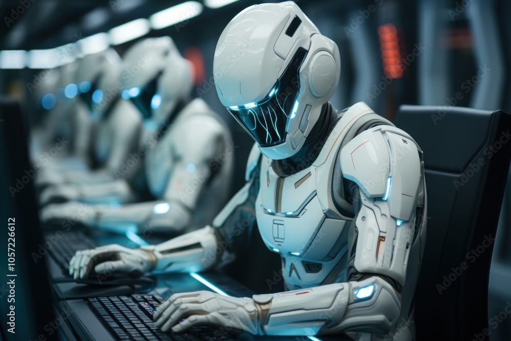 Futuristic robots working at computers in a high-tech environment. Futuristic robots working at computers in a high-tech environment.