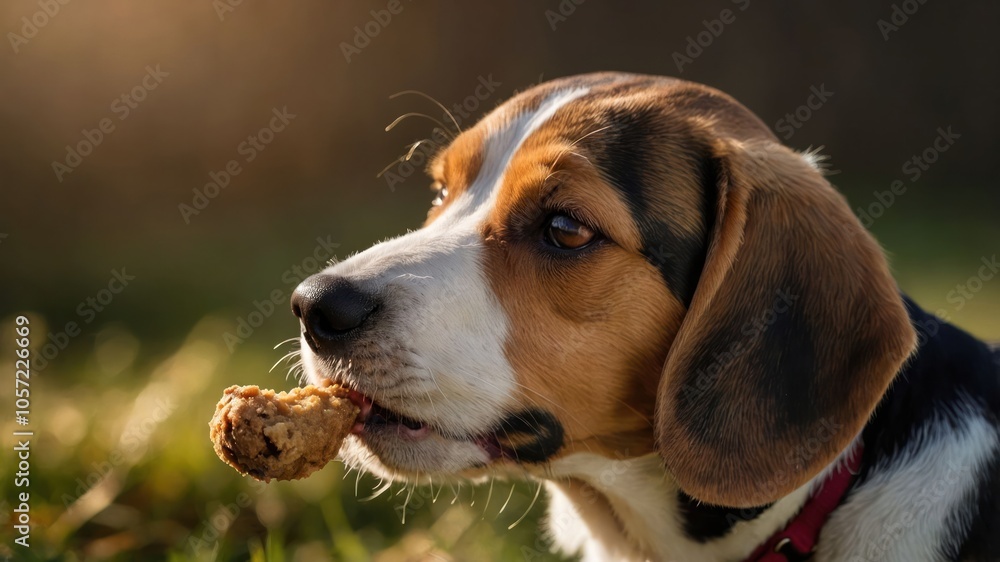 A beagle enjoying a piece of food outdoors in a natural setting. A beagle enjoying a piece of food outdoors in a natural setting.