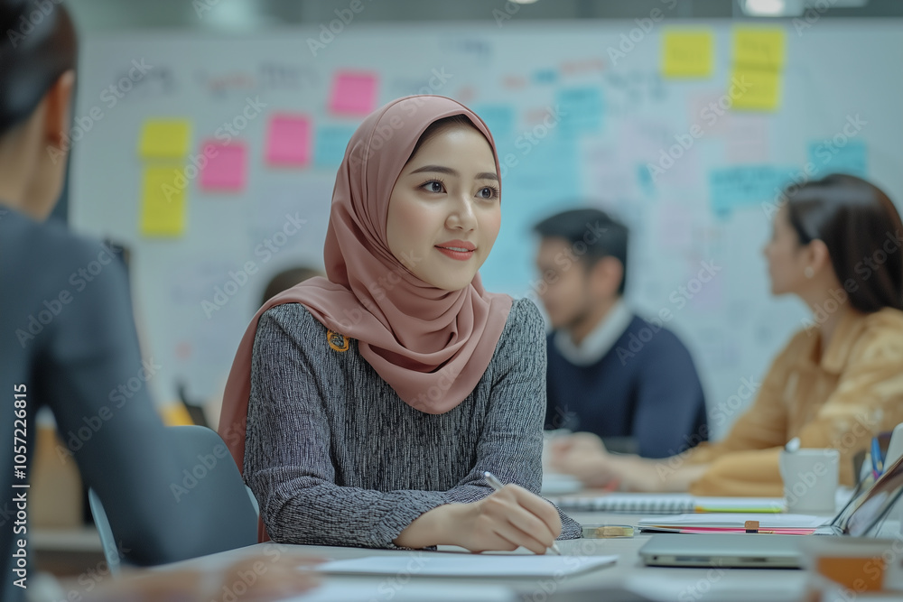 A young woman wearing a hijab sits at a table with a notebook and documents in front of her, creating a collaborative and creative atmosphere. A young woman wearing a hijab sits at a table with a notebook and documents in front of her, creating a collaborative and creative atmosphere.