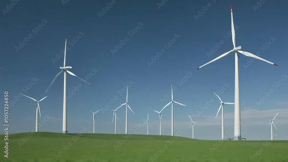 Wind turbines on a green landscape under a blue sky Wind turbines on a green landscape under a blue sky