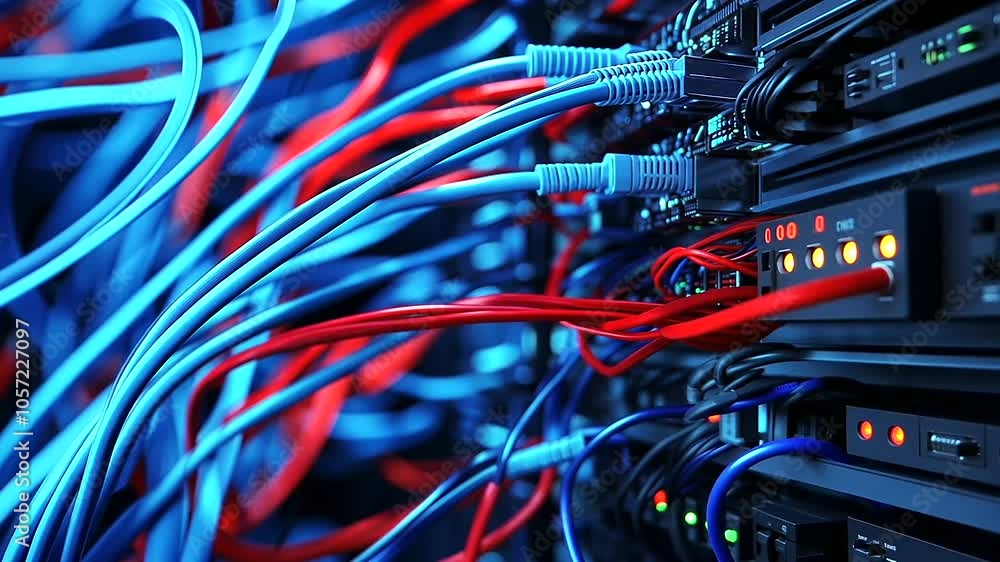 A close-up of vibrant blue and red network cables intertwined A close-up of vibrant blue and red network cables intertwined
