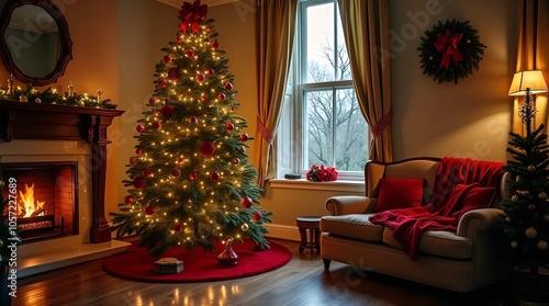 Cozy Christmas room with decorated tree fireplace and gifts