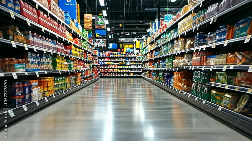 A large supermarket aisle with shelves meticulously arranged with a variety of products A large supermarket aisle with shelves meticulously arranged with a variety of products