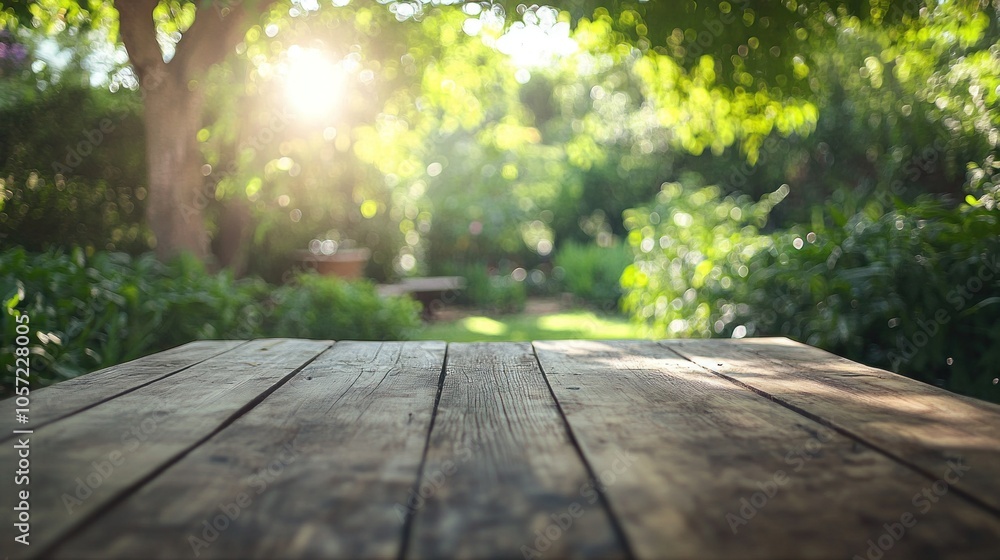 Rustic wooden table with lush garden backdrop. Inviting space for outdoor dining or relaxation. Garden setting. Nature Rustic wooden table with lush garden backdrop. Inviting space for outdoor dining or relaxation. Garden setting. Nature