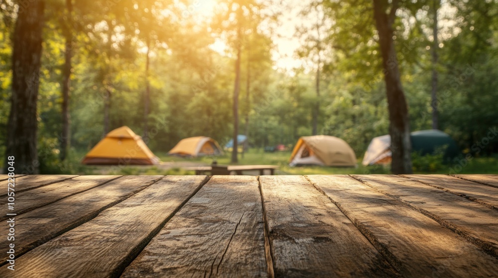 Empty table set against camping scene. Tents and forest backdrop. Camping setup. Empty table set against camping scene. Tents and forest backdrop. Camping setup.