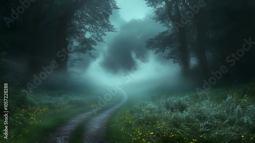 dreamed forest path at dawn A mystical forest path bathed in soft morning light, with wisps of mist floating between the trees.