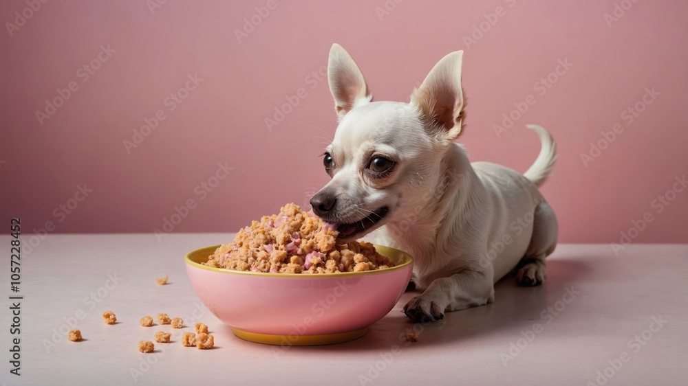 A Chihuahua happily eating from a colorful bowl of food against a pink background. A Chihuahua happily eating from a colorful bowl of food against a pink background.