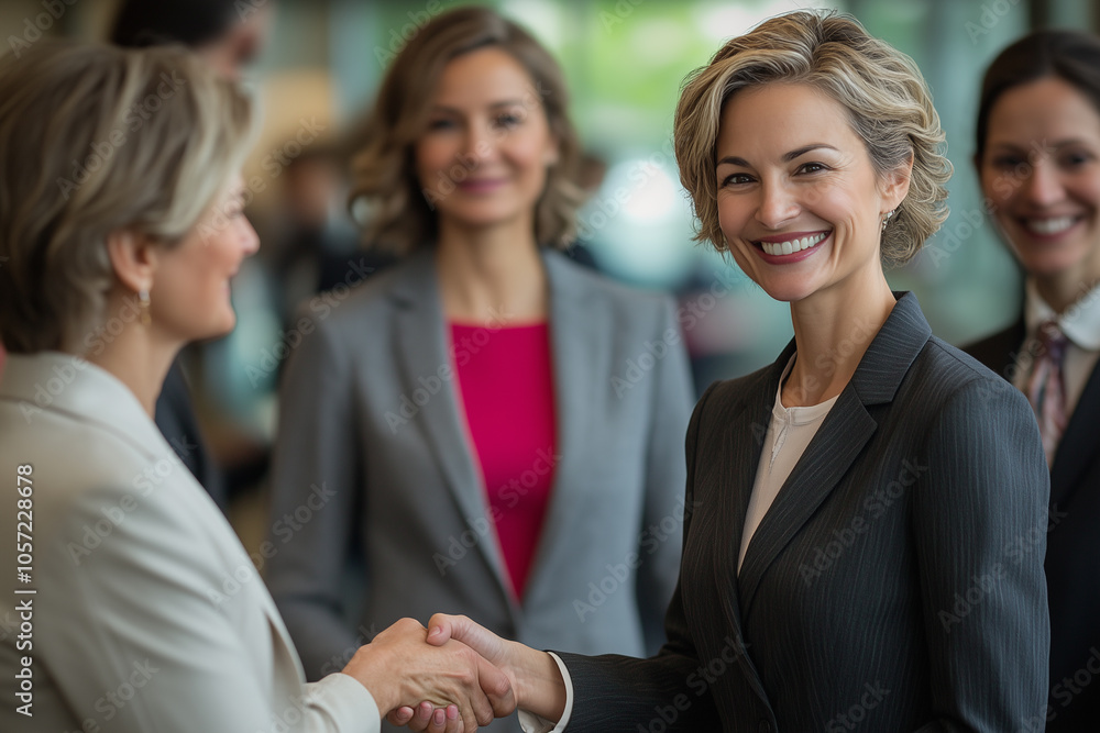 A group of business people shaking hands and smiling in an office A group of business people shaking hands and smiling in an office