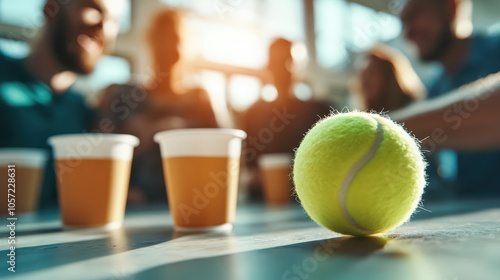 A playful summer party scene is brought to life with a bright yellow tennis ball and several cups of beer sharing space on a sunlit table, vibrant with energy.