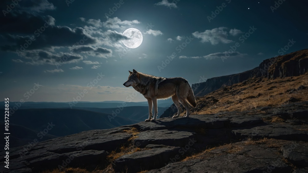 A wolf stands majestically on a rocky outcrop under a full moon in a serene landscape. A wolf stands majestically on a rocky outcrop under a full moon in a serene landscape.