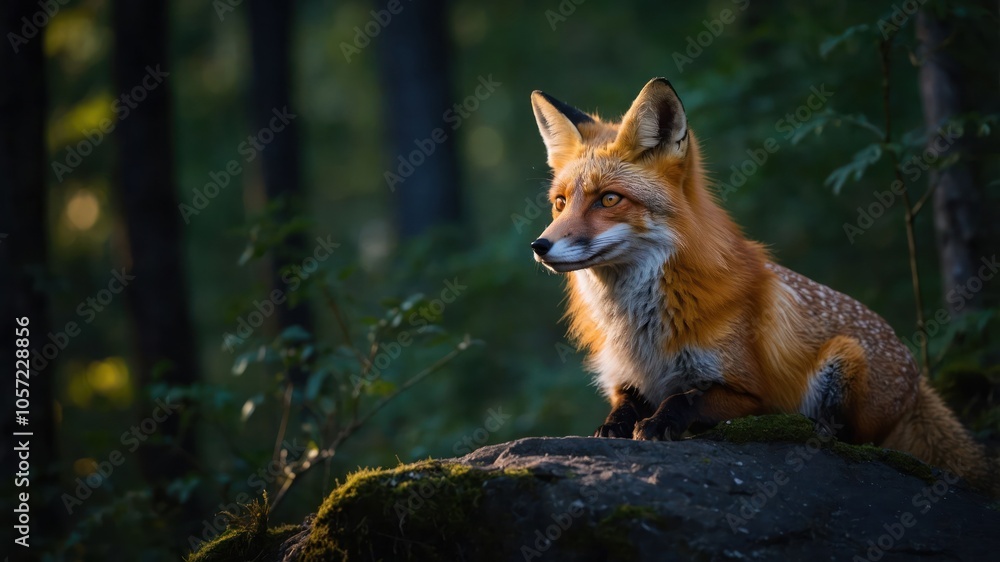 A serene fox resting on a rock in a forest, illuminated by soft sunlight. A serene fox resting on a rock in a forest, illuminated by soft sunlight.
