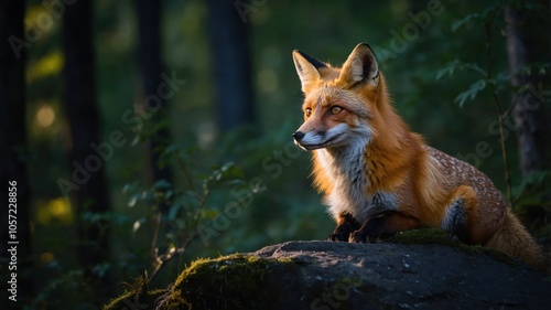 A serene fox resting on a rock in a forest, illuminated by soft sunlight.