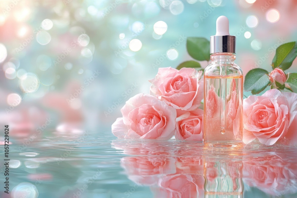 Cosmetic bottle with serum, rose oil, transparent water background with flowers with generative ai Cosmetic bottle with serum, rose oil, transparent water background with flowers with generative ai