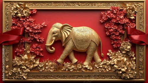 Elegant Golden 3D Thai Patterned Wooden Square Frame Decor photo