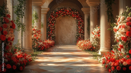 Wallpaper Mural A grand, arched entrance to a wedding ceremony, adorned with red and white roses, set in a beautiful, classical building. Torontodigital.ca