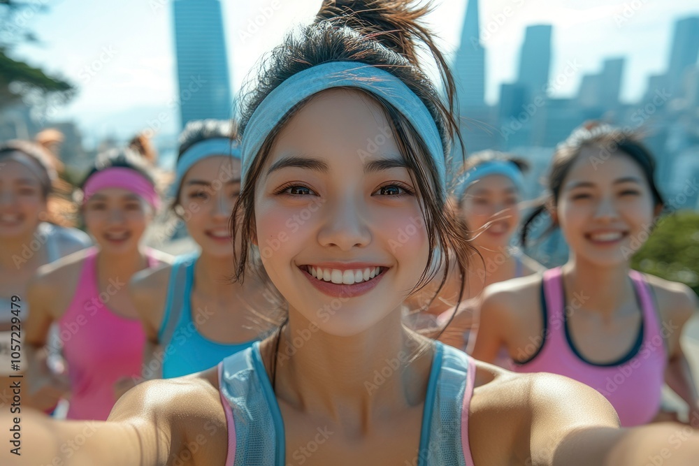 Smiling Woman Taking a Selfie with Friends in the City Smiling Woman Taking a Selfie with Friends in the City