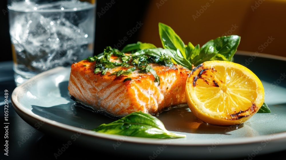 A delicious and healthy grilled salmon fillet is served on a plate, garnished with fresh herbs and a slice of a charred lemon, perfect for a gourmet meal photo.