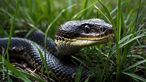 A close-up of a snake resting in green grass, showcasing its scales and eyes.