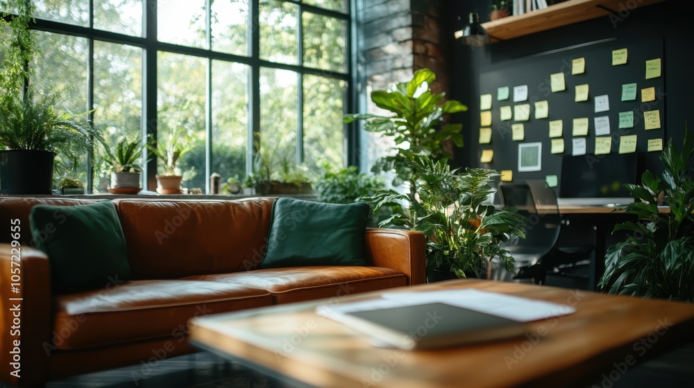 A cozy living room featuring a leather sofa, lush green plants, and large windows letting in natural light. Sticky notes cover the background wall for inspiration. A cozy living room featuring a leather sofa, lush green plants, and large windows letting in natural light. Sticky notes cover the background wall for inspiration.
