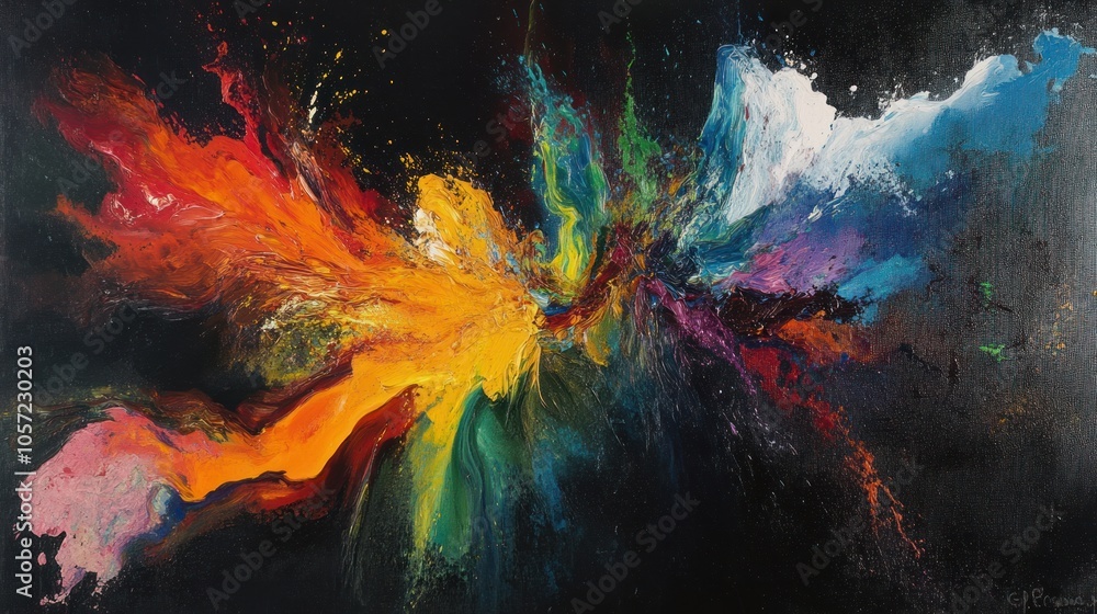 Fototapeta premium Explosion of vibrant colors on a black background, intense contrast between bold hues and the dark backdrop
