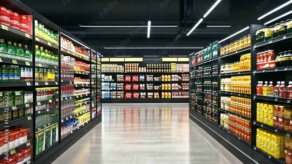 A sleek supermarket aisle featuring shelves filled with neatly stacked products, from household essentials to pantry staples A sleek supermarket aisle featuring shelves filled with neatly stacked products, from household essentials to pantry staples
