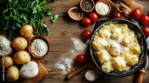 A hearty pan of cheesy potatoes accented by surrounding fresh ingredients such as tomatoes, flour, and herbs, evoking a sense of rustic, home-cooked warmth. photo