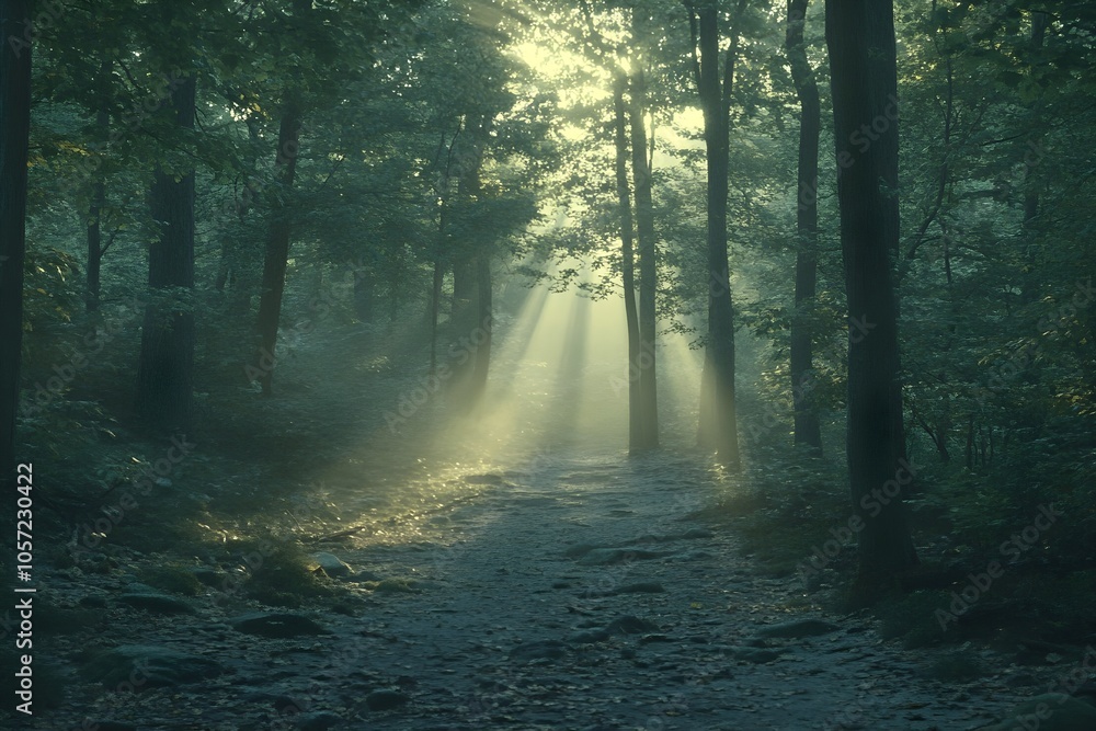Fototapeta premium dreamed forest path at dawn A mystical forest path bathed in soft morning light, with wisps of mist floating between the trees.