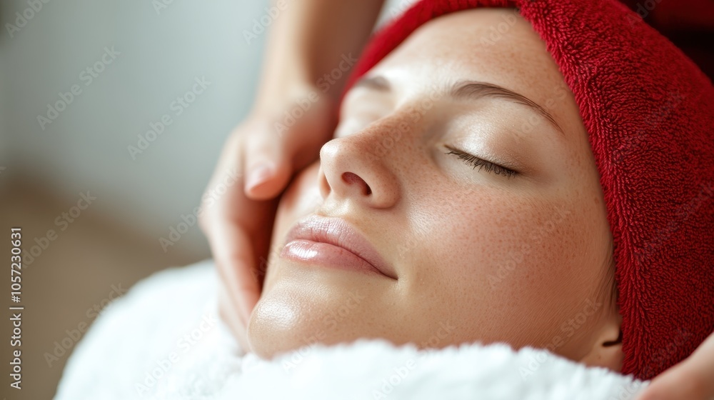 A woman relaxes with a serene expression during a calming facial spa session, wrapped in a plush red towel, highlighting relaxation and rejuvenation. A woman relaxes with a serene expression during a calming facial spa session, wrapped in a plush red towel, highlighting relaxation and rejuvenation.