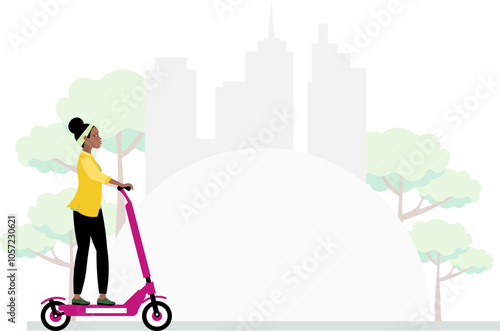 Nations and races. African American woman on a scooter against the backdrop of the city. Modern young fashionable woman with dark skin.