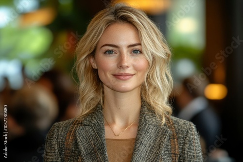 A young woman with blonde hair and a warm smile, wearing a patterned blazer and a gold necklace.