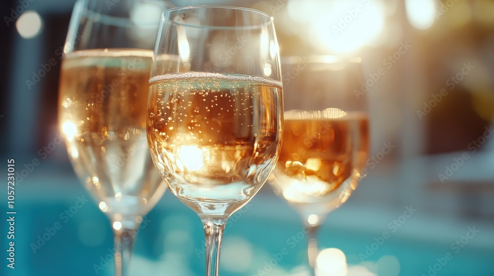 A set of three champagne glasses filled with bubbly golden liquid stand by a poolside, reflecting the glistening sunlight, evoking luxury and a celebratory mood. A set of three champagne glasses filled with bubbly golden liquid stand by a poolside, reflecting the glistening sunlight, evoking luxury and a celebratory mood.