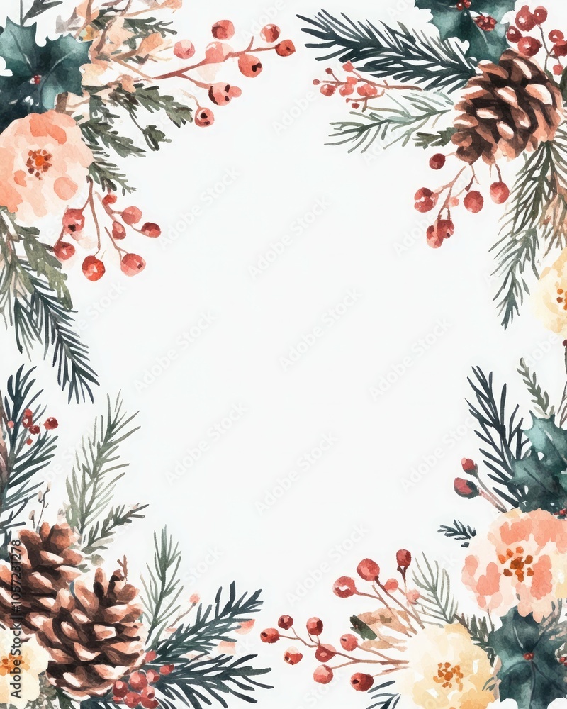 Fototapeta premium Watercolor winter floral frame with a blank white square in the middle