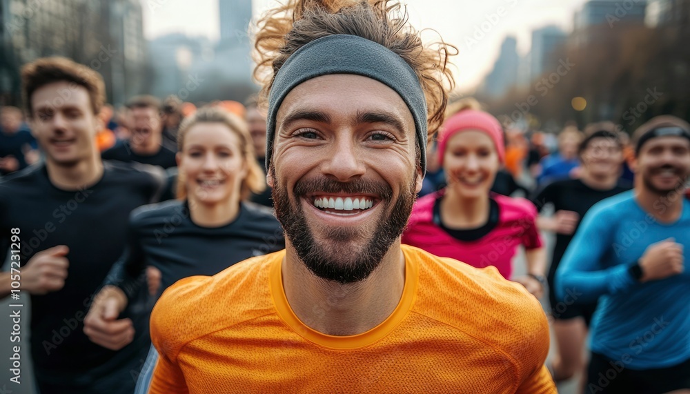 Smiling Runner in a Crowd of People During a Race Smiling Runner in a Crowd of People During a Race