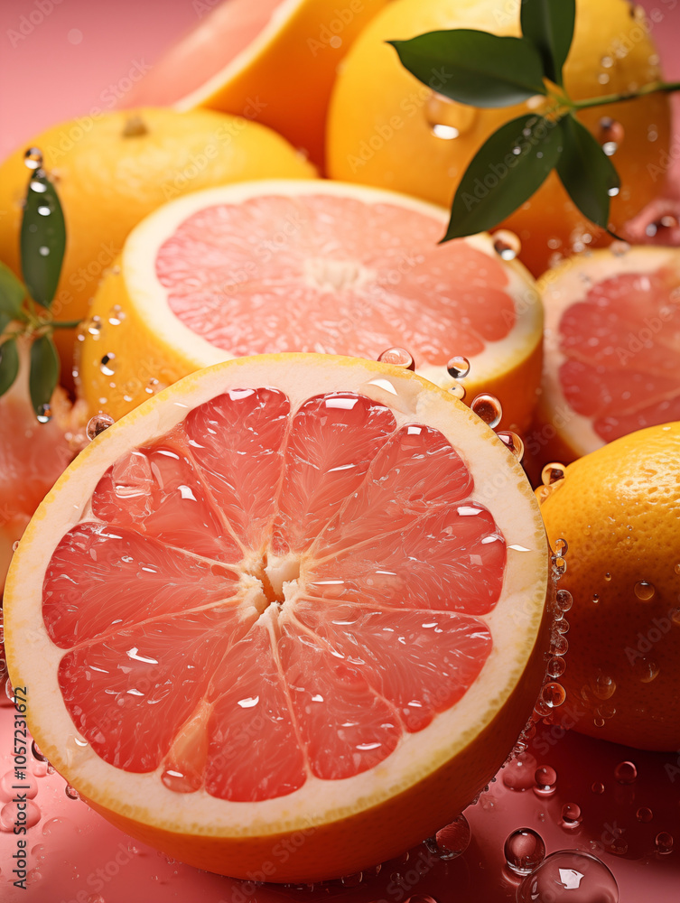 A few photos of pink grapefruit and water, with light red background and green leaves A few photos of pink grapefruit and water, with light red background and green leaves