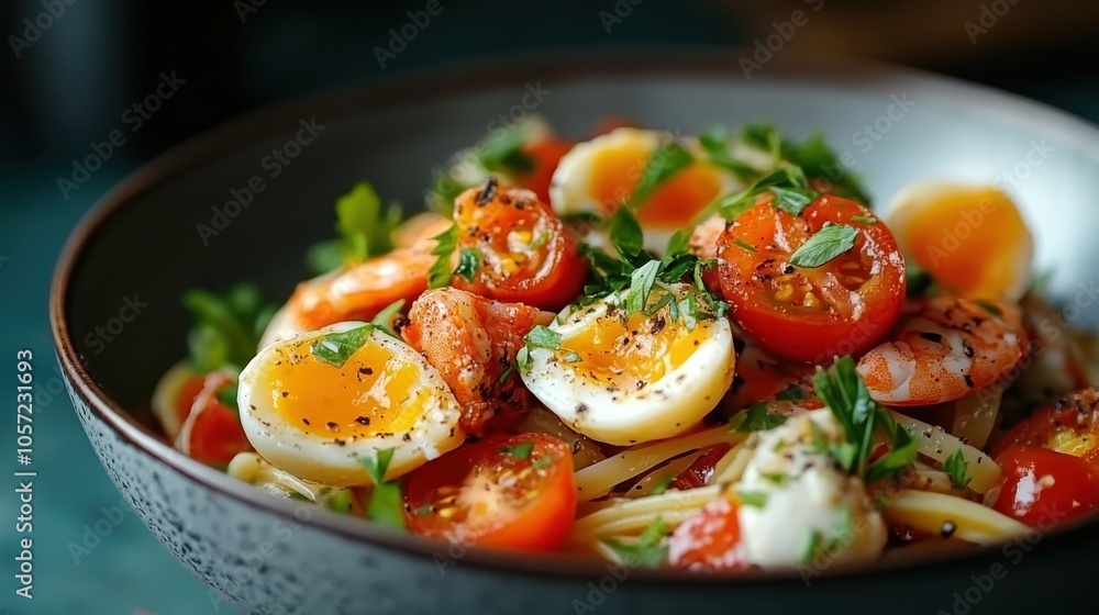 A vibrant dish of cooked linguine adorned with cherry tomatoes, soft-boiled eggs, and a sprinkle of fresh parsley, perfectly seasoned for a delightful meal. A vibrant dish of cooked linguine adorned with cherry tomatoes, soft-boiled eggs, and a sprinkle of fresh parsley, perfectly seasoned for a delightful meal.